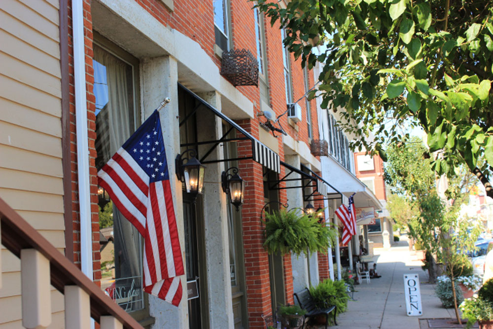 downtown mainstreet with flag